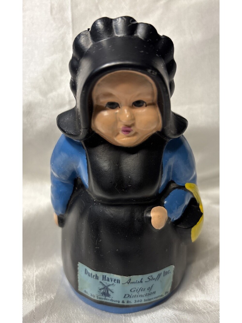 VTG Amish Woman Hand Painted Cast Metal Coin Bank P.A. Dutch Haven Original Tag